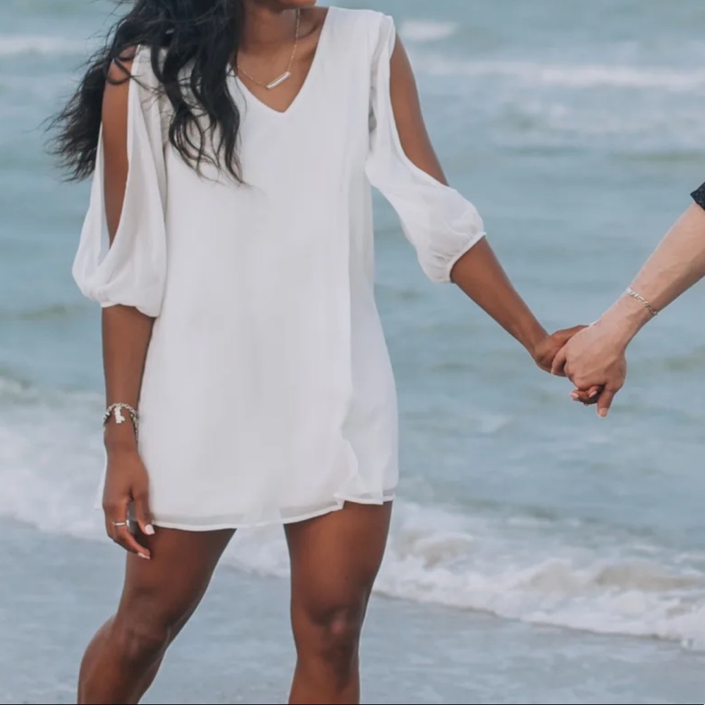 Lulu’s Shifting Dears Ivory White Split Long Sleeve Mini Dress